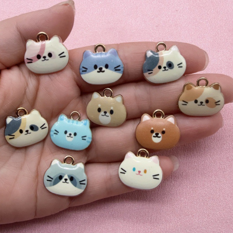 Jewelry Making For Birthday Party - 12個入りプリント猫ヘッド合金ドリップオイルペンダント、DIYジュエリー製作イヤリング、キーホルダー、アクセサリー