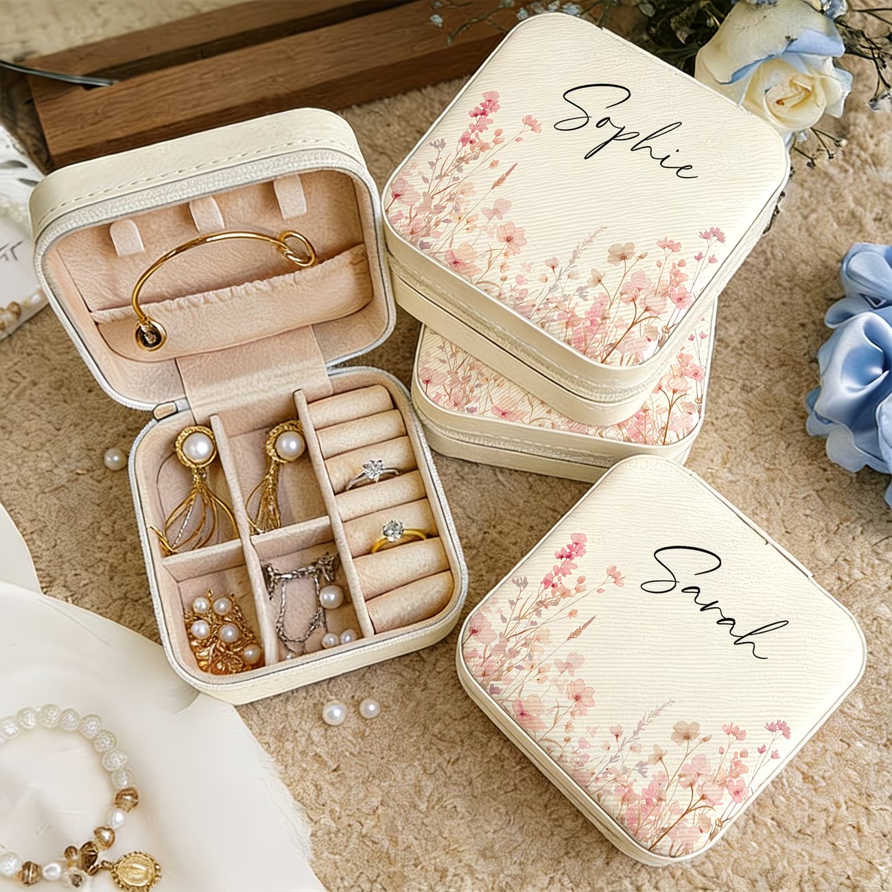 カスタムベージュのジュエリーボックス、花畑のデザイン、ジッパ - Jewelry Making For Birthday Party のレビューと価格